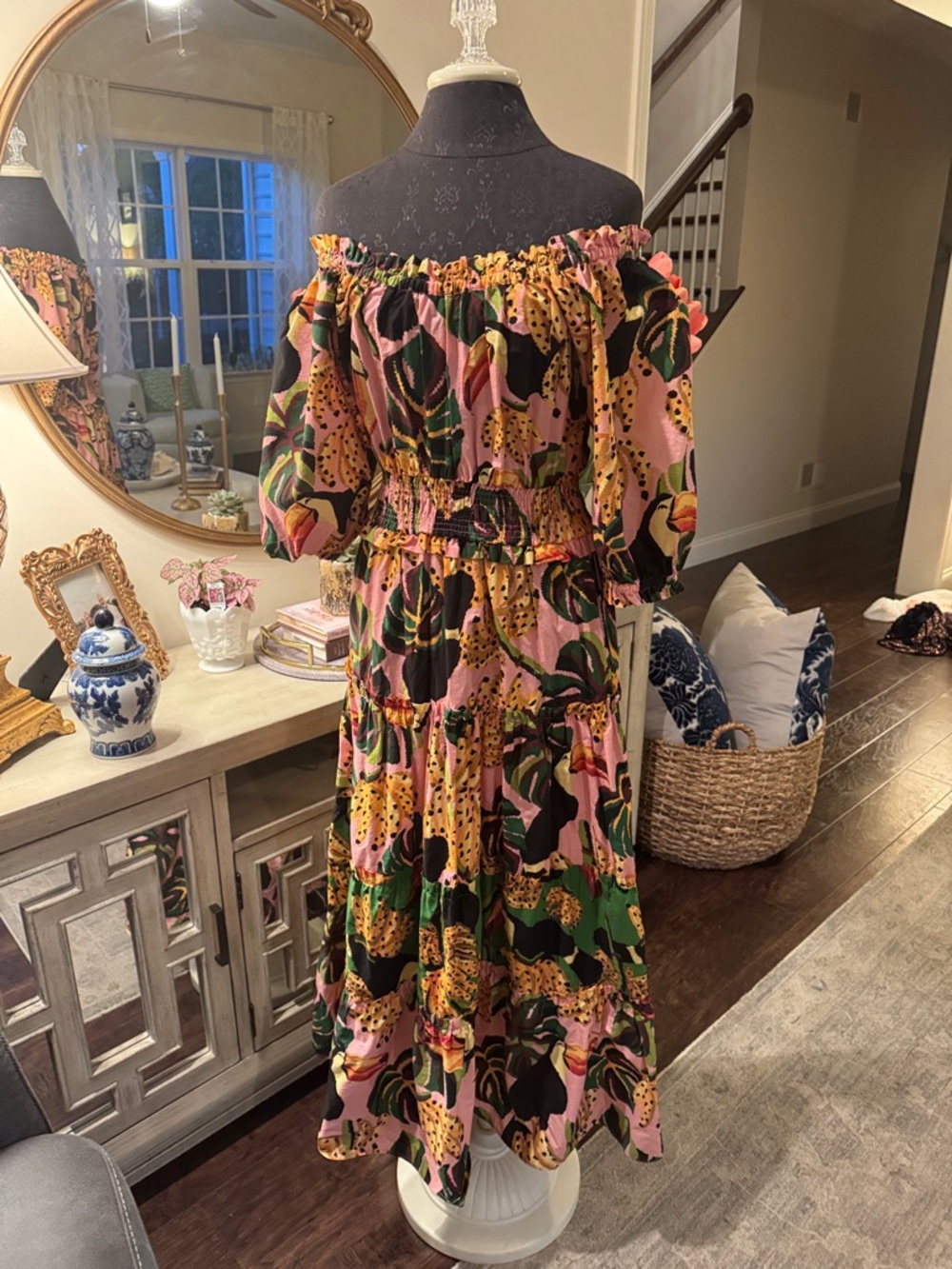 FARM Rio Pink Tropical Print Off-Shoulder Maxi Dress